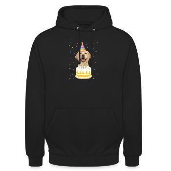 Hund mit Partyhut und Geburtstagskuchen - Unisex Hoodie - Schwarz - Vorne - Alina (178cm) & Michal (187cm)