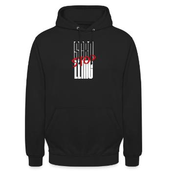 Stoppen Sie das Scrollen Typografie-Design - Unisex Hoodie - Schwarz - Vorne - Alina (178cm) & Michal (187cm)