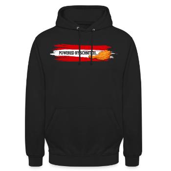 Powered By Schnitzel Österreich Humor Shirt - Unisex Hoodie - Schwarz - Vorne - Alina (178cm) & Michal (187cm)