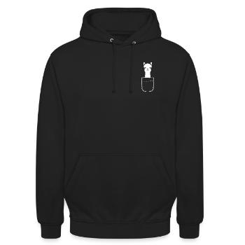 Alpaka in einer Pocket-Optik – Brusttasche - Unisex Hoodie - Schwarz - Vorne - Alina (178cm) & Michal (187cm)