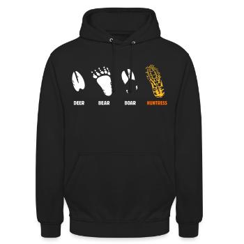 Hirsch, Bär, Wildschwein, Jägerin, Trittsiegel - Unisex Hoodie - Schwarz - Vorne - Alina (178cm) & Michal (187cm)