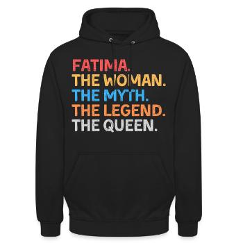 Fatima Die Frau Der Mythos Die Legende Die Königin - Unisex Hoodie - Schwarz - Vorne - Alina (178cm) & Michal (187cm)
