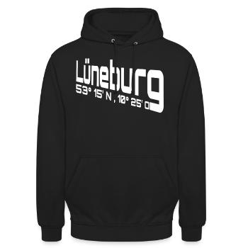 Lüneburg Koordinaten - Unisex Hoodie - Schwarz - Vorne - Alina (178cm) & Michal (187cm)