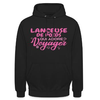 Lanceuse de poids globe-trotteuse passionnée - Sweat-shirt à capuche unisexe - noir - Devant - Alina (178cm) & Michal (187cm)
