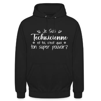 Ich bin Techniker. Was ist deine Superkraft? - Unisex Hoodie - Schwarz - Vorne - Alina (178cm) & Michal (187cm)