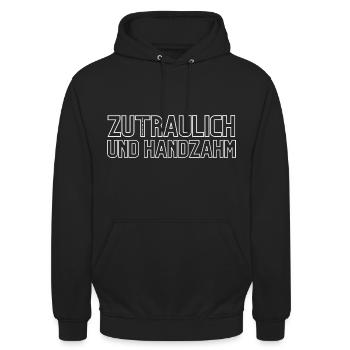 zutraulich und handzahm - Schriftzug weiß - Unisex Hoodie - Schwarz - Vorne - Alina (178cm) & Michal (187cm)
