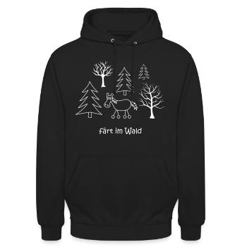 färt im Wald, Pferd mit Rädern im Wald, Bäume Baum - Unisex Hoodie - Schwarz - Vorne - Alina (178cm) & Michal (187cm)