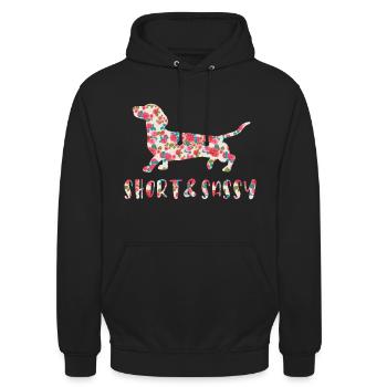 Kleiner und frecher Dackel blumig - Unisex Hoodie - Schwarz - Vorne - Alina (178cm) & Michal (187cm)