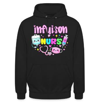 Pflegekraft in Infusion Kawaii Pflegegeschenk - Unisex Hoodie - Schwarz - Vorne - Alina (178cm) & Michal (187cm)