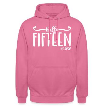 15th Birthday Women Hello Fifteen Est. 2008 - Unisex Hoodie - pink - Front - Alina (178cm) & Michal (187cm)