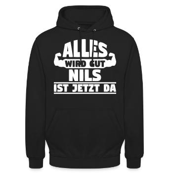 Alles wird gut Nils ist jetzt da - Unisex Hoodie - Schwarz - Vorne - Alina (178cm) & Michal (187cm)