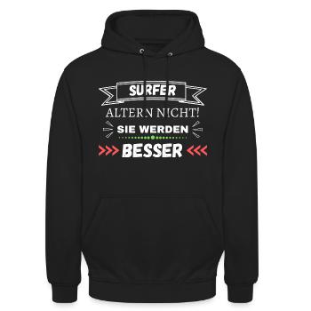 Surfer altern nicht! Sie werden besser - Unisex Hoodie - Schwarz - Vorne - Alina (178cm) & Michal (187cm)