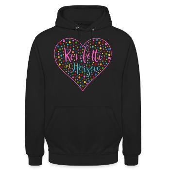 Konfetti im Herzen Herz Fasching Valentinstag Bunt - Unisex Hoodie - Schwarz - Vorne - Alina (178cm) & Michal (187cm)