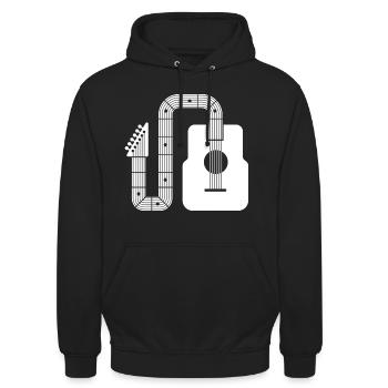 Minimalistische Akustikgitarre mit abstrakter Form - Unisex Hoodie - Schwarz - Vorne - Alina (178cm) & Michal (187cm)