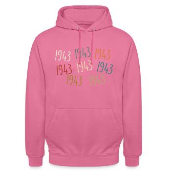 Né en 1943, année de naissance - légendaire depuis 1943 - Sweat-shirt à capuche unisexe - rose - Devant - Alina (178cm) & Michal (187cm)