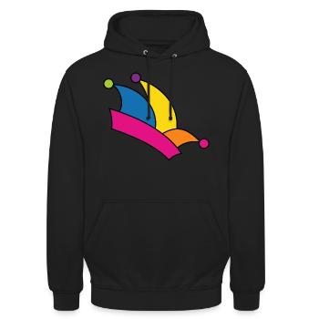 Narrenkappe Fasching Regenbogenfarben Kostüm Narr - Unisex Hoodie - Schwarz - Vorne - Alina (178cm) & Michal (187cm)