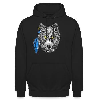 Grauer Wolf mit gelben Augen und Ohrring - Unisex Hoodie - Schwarz - Vorne - Alina (178cm) & Michal (187cm)