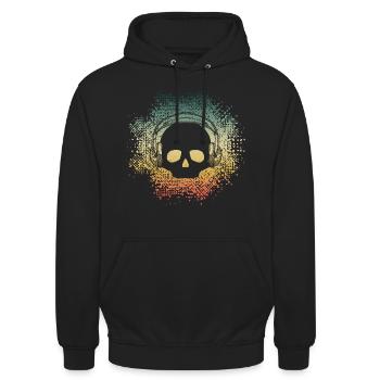 Totenkopf DJ Kopfhörer Retro Guitar Oldschool - Unisex Hoodie - Schwarz - Vorne - Alina (178cm) & Michal (187cm)
