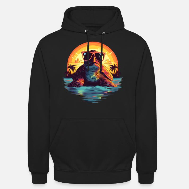 Tortuga marina con gafas de sol en la playa - Sudadera con capucha unisex - negro