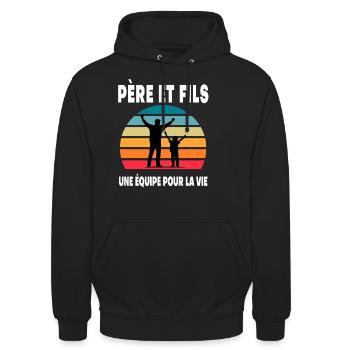 père et fils papa complices vintage duo assorti - Sweat-shirt à capuche unisexe - noir - Devant - Alina (178cm) & Michal (187cm)