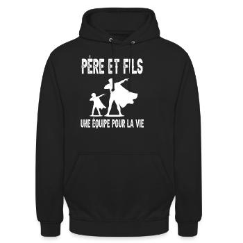 père et fils papa super héros dab duo fête pères - Sweat-shirt à capuche unisexe - noir - Devant - Alina (178cm) & Michal (187cm)