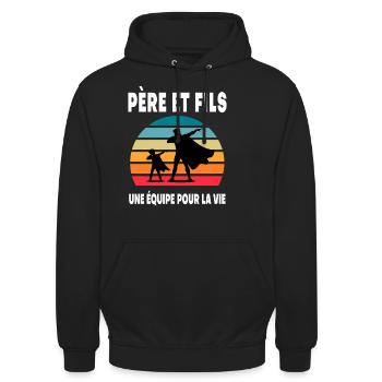 père et fils papa super héros dab duo vintage - Sweat-shirt à capuche unisexe - noir - Devant - Alina (178cm) & Michal (187cm)
