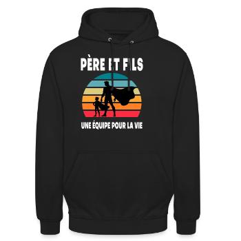 père et fils papa super héros duo vintage - Sweat-shirt à capuche unisexe - noir - Devant - Alina (178cm) & Michal (187cm)