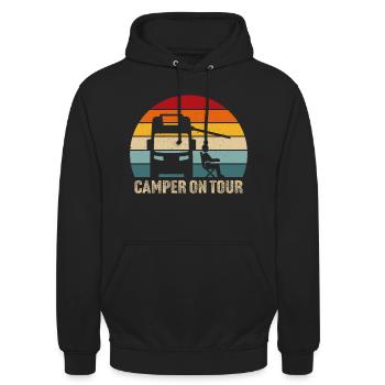 Camper on Tour Wohnmobil Camping T-Shirt - Unisex Hoodie - Schwarz - Vorne - Alina (178cm) & Michal (187cm)