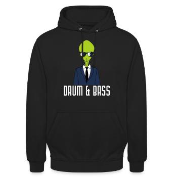 Drumshirt voor drummers "Drum &bass Alien" - Uniseks hoodie - zwart - Voor - Alina (178cm) & Michal (187cm)