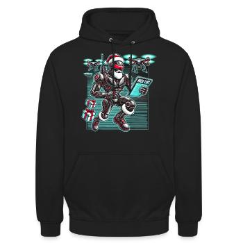 KI Weihnachtsmann Roboter mit Drohnen futuristisch - Unisex Hoodie - Schwarz - Vorne - Alina (178cm) & Michal (187cm)