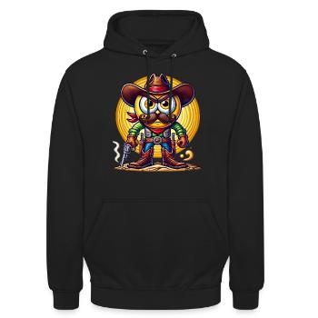 Lustiges Cartoon Cowboy PopArt Design - Unisex Hoodie - Schwarz - Vorne - Alina (178cm) & Michal (187cm)