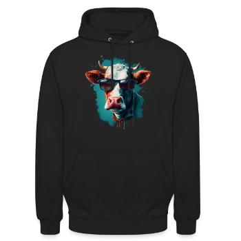 Une vache avec des lunettes de soleil - Sweat-shirt à capuche unisexe - noir - Devant - Alina (178cm) & Michal (187cm)