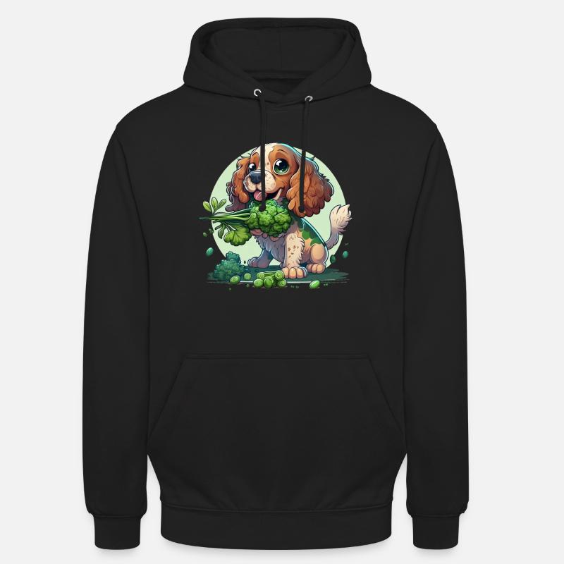 Cute dog eats broccoli vegetables - Unisex Hoodie - black