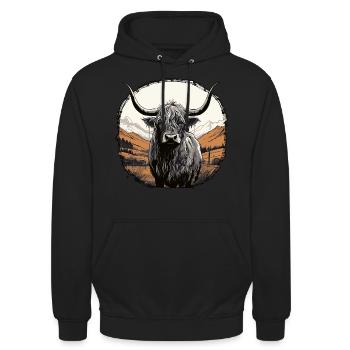 Schottisches Hochlandrind - Unisex Hoodie - Schwarz - Vorne - Alina (178cm) & Michal (187cm)