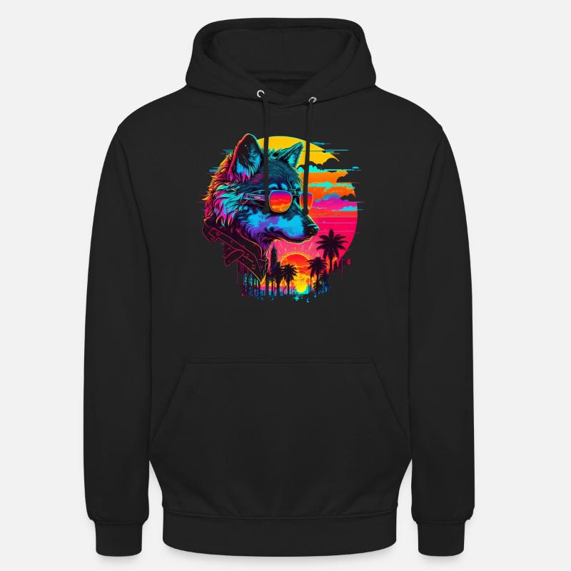 Wolf Retro Illustration Synthwave Art - Unisex Hoodie - Schwarz