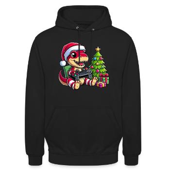 Weihnachten Dino Zocker und Gamer T Rex - Unisex Hoodie - Schwarz - Vorne - Alina (178cm) & Michal (187cm)