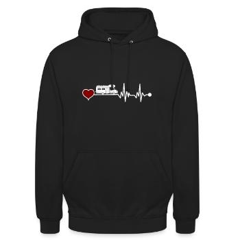 Kastenwagen Camping Herzschlag EKG Rotes Herz - Unisex Hoodie - Schwarz - Vorne - Alina (178cm) & Michal (187cm)