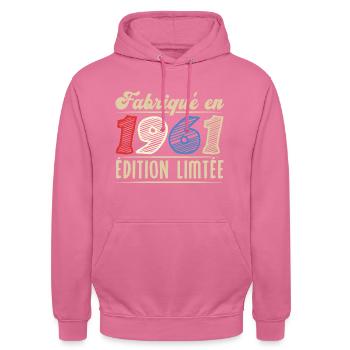 Fabriqué en 1961, Vintage cadeau d'anniversaire - Sweat-shirt à capuche unisexe - rose - Devant - Alina (178cm) & Michal (187cm)