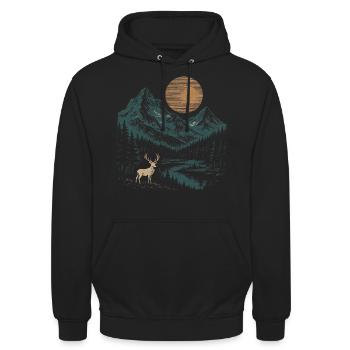 Hirsch im Mondlicht Ruhige Nacht in den Bergen - Unisex Hoodie - Schwarz - Vorne - Alina (178cm) & Michal (187cm)