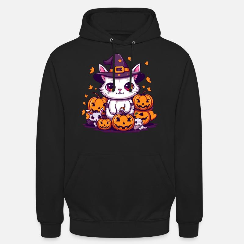 Mignon chat d’Halloween et citrouilles - Sweat-shirt à capuche unisexe - noir