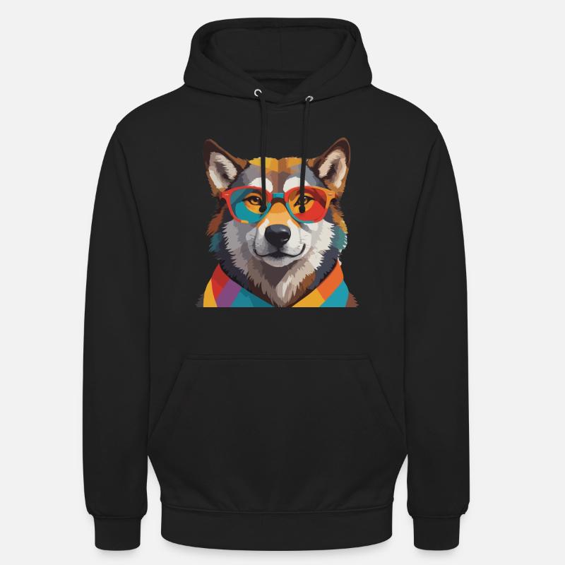 Wolf Cool mit Brille Bunt - Unisex Hoodie - Schwarz
