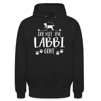 DER MIT DEM LABBI GEHT Labrador Spruch Wilsigns - Unisex Hoodie - Schwarz - Vorne - Alina (178cm) & Michal (187cm)