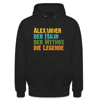 Alexander der Mythos die Legende Vorname Alexander - Unisex Hoodie - Schwarz - Vorne - Alina (178cm) & Michal (187cm)