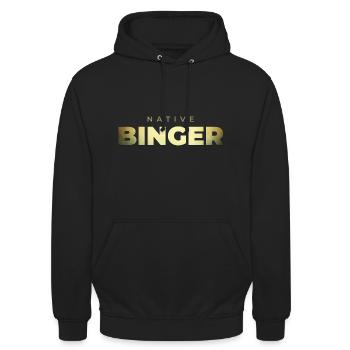 NATIVE BINGER // VoD Binge Watching // Gold Design - Unisex Hoodie - Schwarz - Vorne - Alina (178cm) & Michal (187cm)
