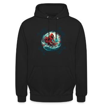 Le Petit Chaperon Rouge surfant sur planche de surf, loup sur vague - Sweat-shirt à capuche unisexe - noir - Devant - Alina (178cm) & Michal (187cm)