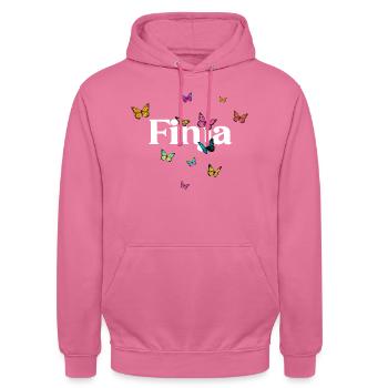 FINJA - Schöner Mädchen Name mit Schmetterlingen - Unisex Hoodie - Pink - Vorne - Alina (178cm) & Michal (187cm)