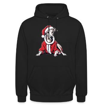 Ein Weihnachts-Whippet mit Weihnachtsmannmütze und Weihnachtsmannkostüm - Unisex Hoodie - Schwarz - Vorne - Alina (178cm) & Michal (187cm)