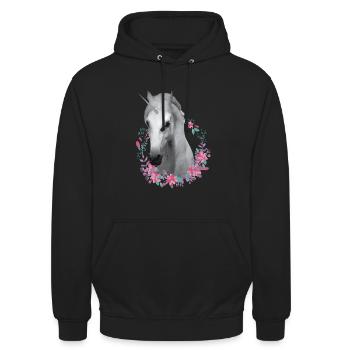 Cheval licorne enfants fleur cadeau fille animale - Sweat-shirt à capuche unisexe - noir - Devant - Alina (178cm) & Michal (187cm)