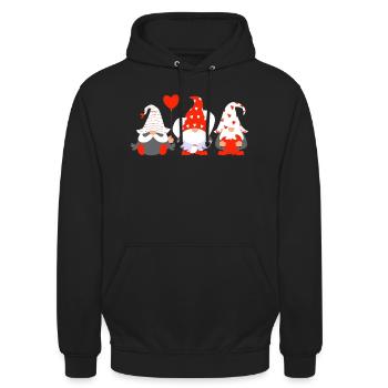Lustiger Gnom hängt ein rotes Herz Valentinstag 2024 - Unisex Hoodie - Schwarz - Vorne - Alina (178cm) & Michal (187cm)