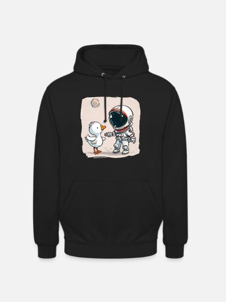Cute Astronaut and Goose Cartoon Design | Space - Unisex Hoodie - black